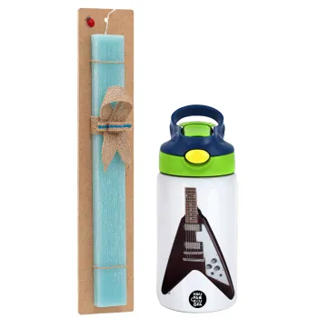Guitar flying V, Easter Set, Children's thermal stainless steel bottle with safety straw, green/blue (350ml) & aromatic flat Easter candle (30cm) (TURQUOISE)