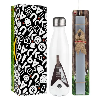 Guitar flying V, Πασχαλινή Λαμπάδα με μεταλλικό παγούρι θερμός λευκός (500ml) & λαμπάδα αρωματική πλακέ (30cm) (ΓΚΡΙ)