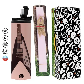 Guitar flying V, Easter candle,Travel Tumbler 2 Lids, with metal straw & cleaning brush & aromatic flat candle (30cm) (PINK)
