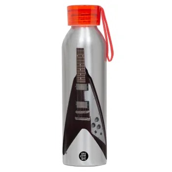 Guitar flying V, Αλουμινένιο Αθλητικό Μπουκάλι 650ml – Ασημί με Κόκκινο Καπάκι και Λουράκι Σιλικόνης