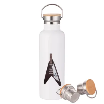 Guitar flying V, Μεταλλικό παγούρι θερμός (Stainless steel) Λευκό με ξύλινο καπάκι (bamboo), διπλού τοιχώματος, 750ml