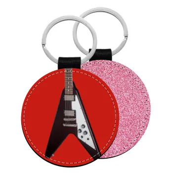 Guitar flying V, Μπρελόκ Δερματίνη, στρογγυλό ΡΟΖ (5cm)