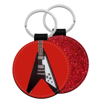 Guitar flying V, Μπρελόκ Δερματίνη, στρογγυλό ΚΟΚΚΙΝΟ (5cm)
