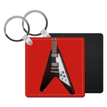 Guitar flying V, Μπρελόκ Δερματίνη, τετράγωνο ΜΑΥΡΟ (5x5cm)