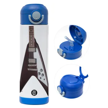 Guitar flying V, Children's hot water bottle, stainless steel, with safety straw, BLUE (500ml)