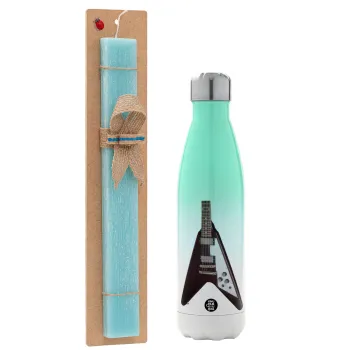 Guitar flying V, Easter Set, Metallic green/white thermos (Stainless steel), double-walled, 500ml & scented flat Easter candle (30cm) (TURQUOISE)