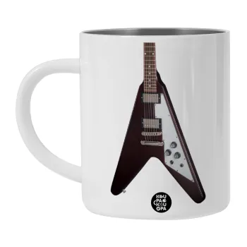 Guitar flying V, Λευκή Ανοξείδωτη Μεταλλική Κούπα 450ml - Διπλού Τοιχώματος 