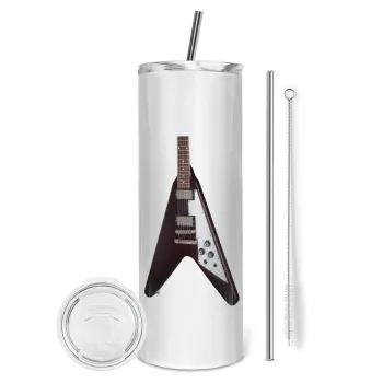 Guitar flying V, Tumbler ποτήρι θερμό από ανοξείδωτο ατσάλι 600ml, με μεταλλικό καλαμάκι & βούρτσα καθαρισμού