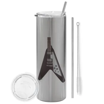 Guitar flying V, Tumbler ποτήρι θερμό Ασημένιο από ανοξείδωτο ατσάλι 600ml, με μεταλλικό καλαμάκι & βούρτσα καθαρισμού