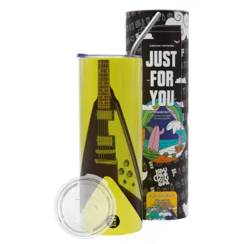 Guitar flying V, Neon Yellow Travel Tumbler θερμό, μεταλλικό καλαμάκι(Ανωξείδωτο 304 Food grade, BPA free, 600ml)