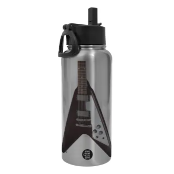 Guitar flying V, Metal mug thermo Silver with Straw and Spout Lid (Stainless steel), double wall, 950ml