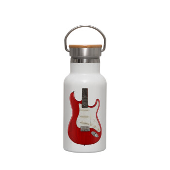 Guitar stratocaster, Metallic thermos (Stainless steel) White with wooden lid (bamboo), double-walled, 350ml