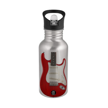 Guitar stratocaster, Water bottle Silver with straw, stainless steel 500ml