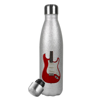 Guitar stratocaster, Metallic Glitter Silver Thermos Flask (Stainless steel), double-walled, 500ml