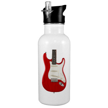 Guitar stratocaster, White water bottle with straw, stainless steel 600ml