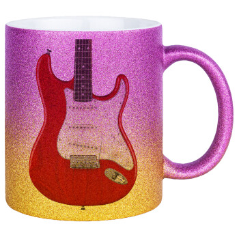Guitar stratocaster, Κούπα Χρυσή/Ροζ Glitter, κεραμική, 330ml