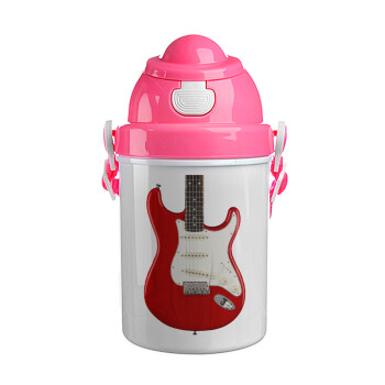 Guitar stratocaster, Ροζ παιδικό παγούρι πλαστικό (BPA-FREE) με καπάκι ασφαλείας, κορδόνι και καλαμάκι, 400ml