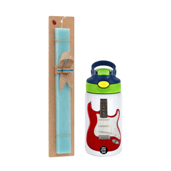 Guitar stratocaster, Easter Set, Children's thermal stainless steel bottle with safety straw, green/blue (350ml) & aromatic flat Easter candle (30cm) (TURQUOISE)