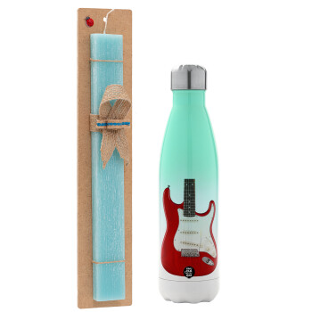 Guitar stratocaster, Easter Set, Metallic green/white thermos (Stainless steel), double-walled, 500ml & scented flat Easter candle (30cm) (TURQUOISE)