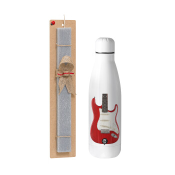 Guitar stratocaster, Πασχαλινό Σετ, μεταλλικό παγούρι θερμός ανοξείδωτο (500ml) & πασχαλινή λαμπάδα αρωματική πλακέ (30cm) (ΓΚΡΙ)