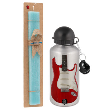 Guitar stratocaster, Easter Set, metallic silver aluminum water bottle (500ml) & scented flat Easter candle (30cm) (TURQUOISE)