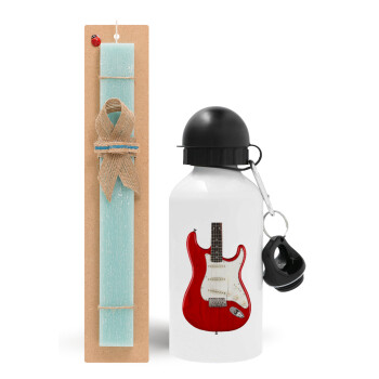 Guitar stratocaster, Easter Set, metallic aluminum water bottle (500ml) & scented flat candle (30cm) (TURQUOISE)