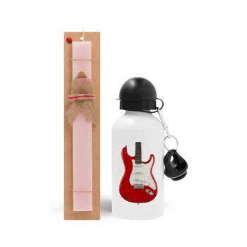 Guitar stratocaster, Πασχαλινό Σετ, παγούρι μεταλλικό αλουμινίου (500ml) & πασχαλινή λαμπάδα αρωματική πλακέ (30cm) (ΡΟΖ)