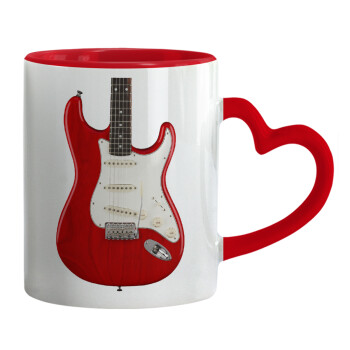 Guitar stratocaster, Κούπα καρδιά χερούλι κόκκινη, κεραμική, 330ml