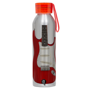 Guitar stratocaster, Αλουμινένιο Αθλητικό Μπουκάλι 650ml – Ασημί με Κόκκινο Καπάκι και Λουράκι Σιλικόνης