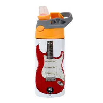Guitar stratocaster, Children's hot water bottle, stainless steel, with safety straw, Orange/Grey (360ml) BPA-FREE