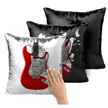 Guitar stratocaster, Μαξιλάρι καναπέ Μαγικό Μαύρο με πούλιες 40x40cm περιέχεται το γέμισμα