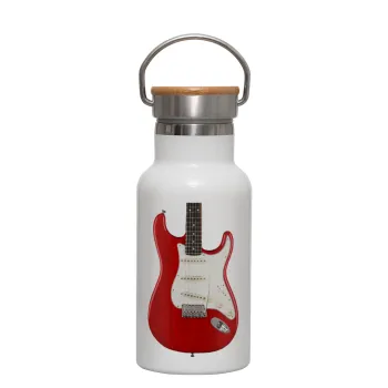 Guitar stratocaster, Metallic thermos (Stainless steel) White with wooden lid (bamboo), double-walled, 350ml