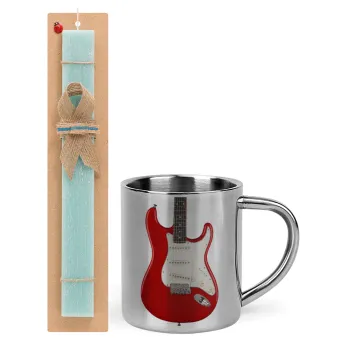 Guitar stratocaster, Easter Set, metallic thermal cup (300ml) & aromatic flat Easter candle (30cm) (TURQUOISE)