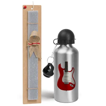 Guitar stratocaster, Easter Set, metallic silver aluminum water bottle (500ml) & aromatic flat Easter candle (30cm) (GRAY)