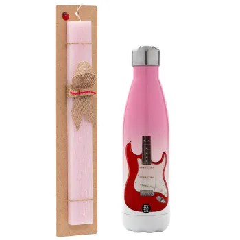 Guitar stratocaster, Πασχαλινή Λαμπάδα με Μεταλλικό παγούρι θερμός Ροζ/Λευκό (Stainless steel), διπλού τοιχώματος, 500ml & κερί αρωματικό πλακέ (30cm) (ΡΟΖ)