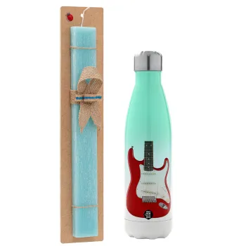 Guitar stratocaster, Easter Set, Metallic green/white thermos (Stainless steel), double-walled, 500ml & scented flat Easter candle (30cm) (TURQUOISE)