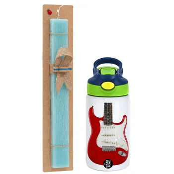 Guitar stratocaster, Easter Set, Children's thermal stainless steel bottle with safety straw, green/blue (350ml) & aromatic flat Easter candle (30cm) (TURQUOISE)