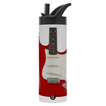 Guitar stratocaster, Metallic thermos bottle with straw & handle, stainless steel (Stainless steel 304), double-walled, 600ml.