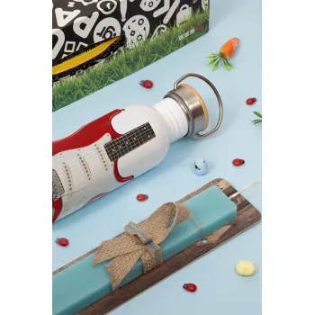 Guitar stratocaster, Πασχαλινή Λαμπάδα με παγούρι μεταλλικό (620ml, stainless steel) & κερί αρωματικό πλακέ (30cm) (ΤΙΡΚΟΥΑΖ)