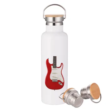 Guitar stratocaster, Stainless steel White with wooden lid (bamboo), double wall, 750ml
