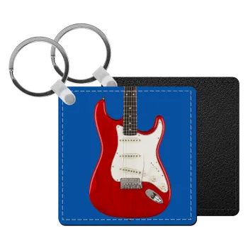 Guitar stratocaster, Μπρελόκ Δερματίνη, τετράγωνο ΜΑΥΡΟ (5x5cm)