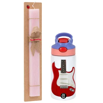 Guitar stratocaster, Easter Set, Children's thermal stainless steel water bottle with safety straw, pink/purple (350ml) & Easter scented flat candle (30cm) (PINK)