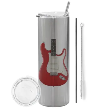 Guitar stratocaster, Tumbler ποτήρι θερμό Ασημένιο από ανοξείδωτο ατσάλι 600ml, με μεταλλικό καλαμάκι & βούρτσα καθαρισμού