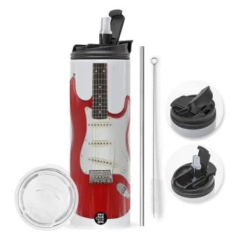 Guitar stratocaster, Travel Tumbler θερμό με διπλό καπάκι, μεταλλικό καλαμάκι και βούρτσα καθαρισμού (Ανωξείδωτο 304 Food grade, BPA free, 600ml)