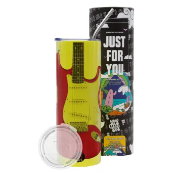Guitar stratocaster, Neon Yellow Travel Tumbler θερμό, μεταλλικό καλαμάκι(Ανωξείδωτο 304 Food grade, BPA free, 600ml)