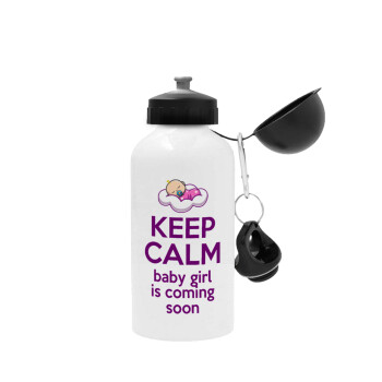 KEEP CALM baby girl is coming soon!!!, Metal water bottle, White, aluminum 500ml