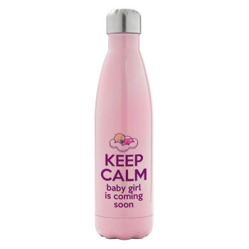 KEEP CALM baby girl is coming soon!!!, Metal mug thermos Pink Iridiscent (Stainless steel), double wall, 500ml