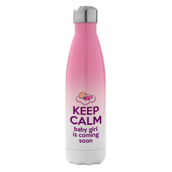 KEEP CALM baby girl is coming soon!!!, Μεταλλικό παγούρι θερμός Ροζ/Λευκό (Stainless steel), διπλού τοιχώματος, 500ml