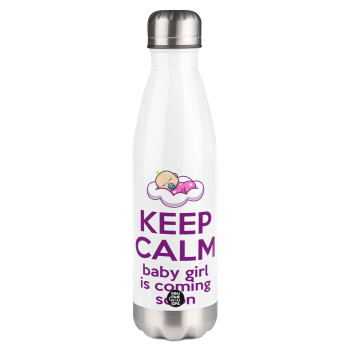 KEEP CALM baby girl is coming soon!!!, Μεταλλικό παγούρι θερμός Λευκό (Stainless steel), διπλού τοιχώματος, 500ml