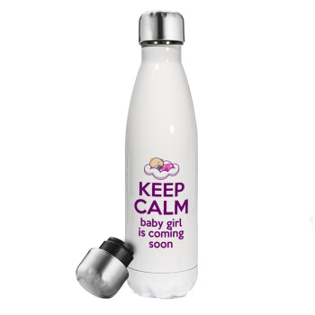KEEP CALM baby girl is coming soon!!!, Metal mug thermos White (Stainless steel), double wall, 500ml
